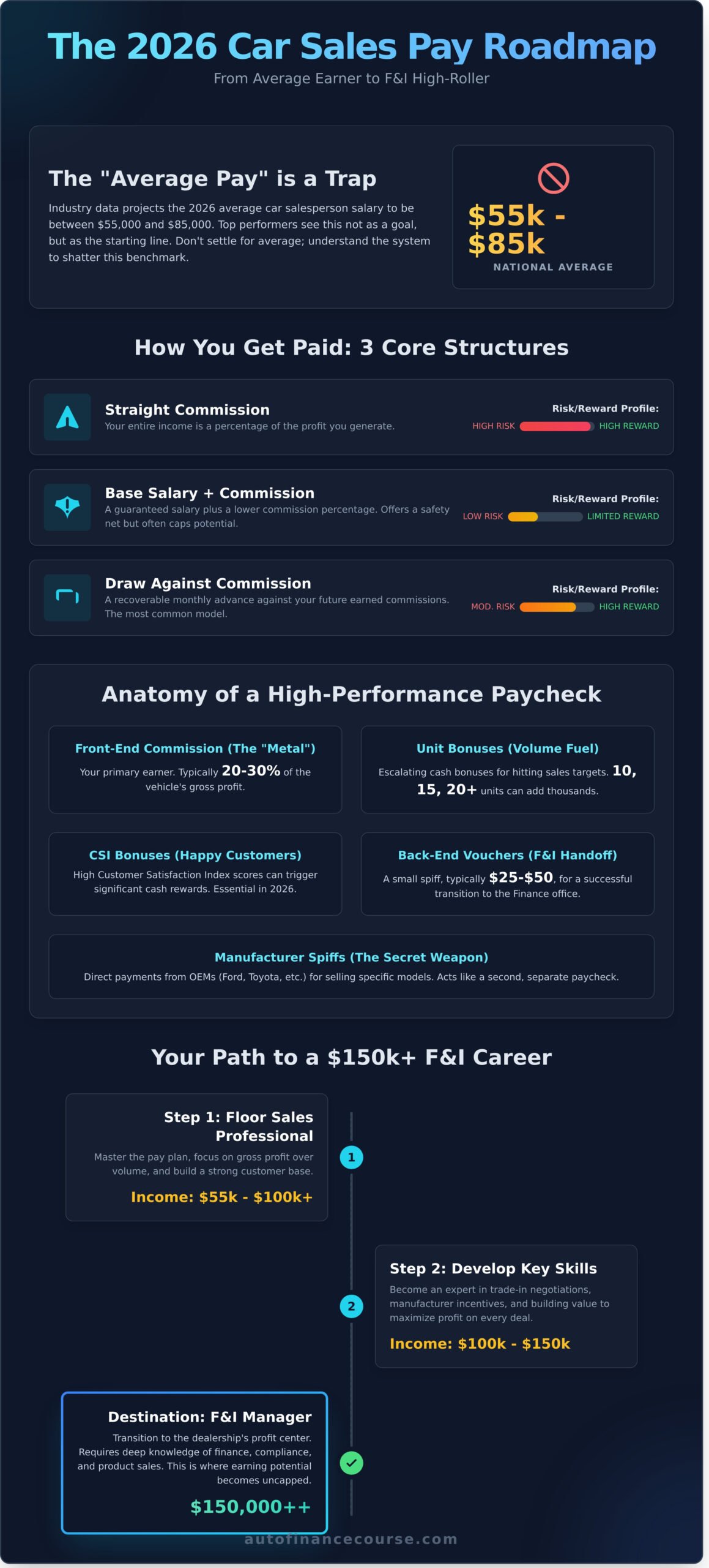 Car Sales Average Pay in 2026: From Floor Sales to High-Income F&I - Infographic